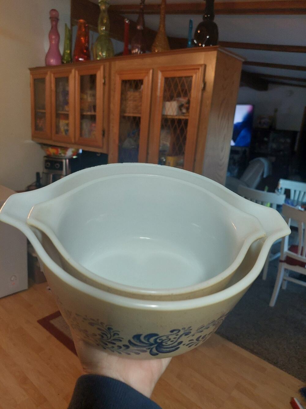 Vintage Pyrex Homestead Tan And Blue 473 And 474 Bowls Set Of 2 No Lids